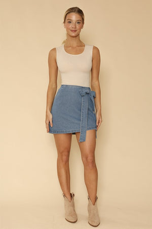 Bow-Liscious Asymmetrical Mini Denim Skirt