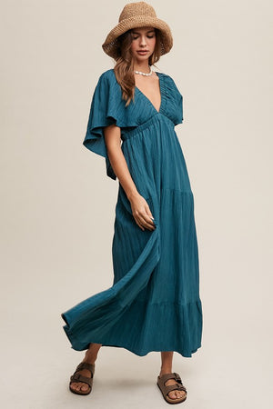 Althea Plunging Neckline Flutter Sleeve Maxi Dress in Emerald Green