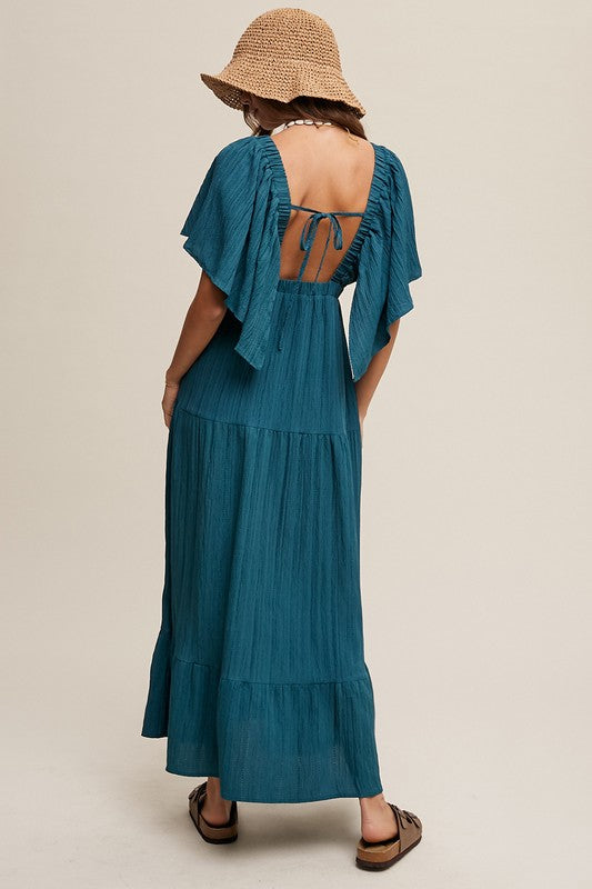 Althea Plunging Neckline Flutter Sleeve Maxi Dress in Emerald Green