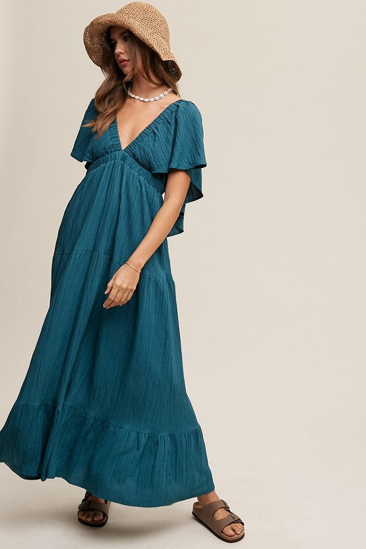 Althea Plunging Neckline Flutter Sleeve Maxi Dress in Emerald Green