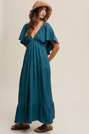 Althea Plunging Neckline Flutter Sleeve Maxi Dress in Emerald Green