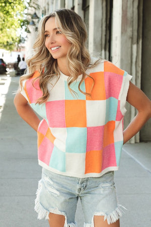 Mosaic Checker Sweater Vest in Orange/Pink/Denim