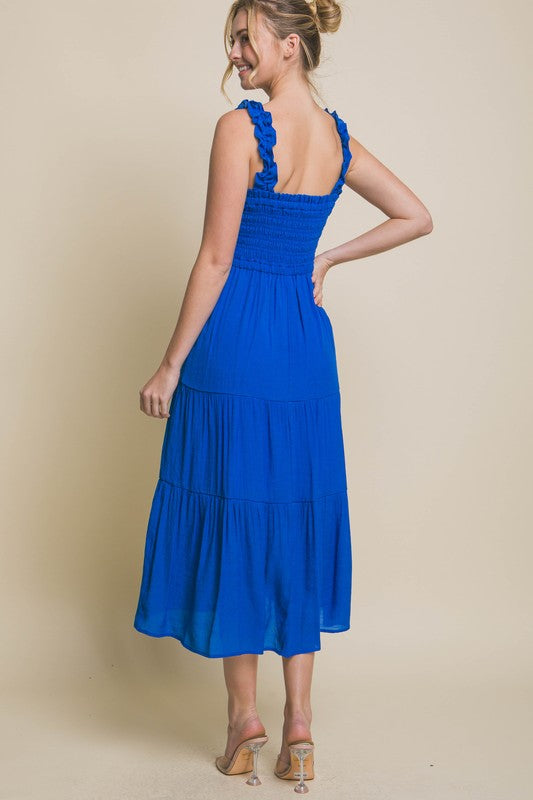 Christa Smocked Bodice Midi Dress in Apple, Cobalt, & Clay