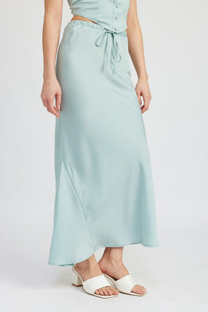 Elandra Front tie Satin Midi Skirt in Light Seagreen