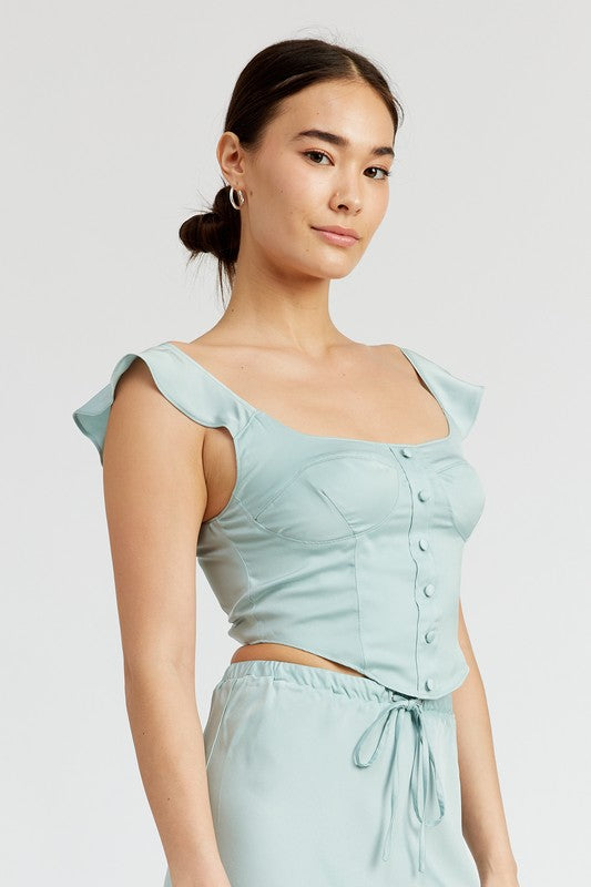 Elandra Ruffle Sleeve Satin Bustier Top in Light Seagreen