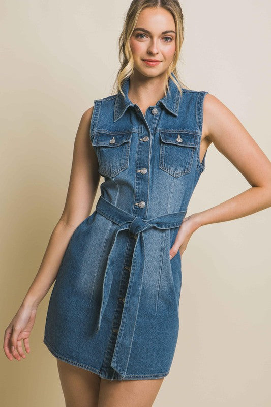 It's a Tie Waist Denim Mini Dress