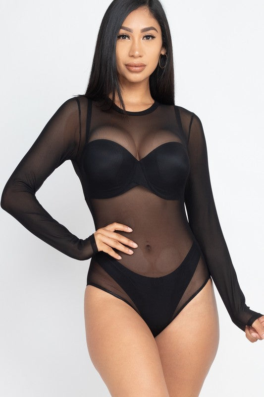 Mesh-tastic Sheer Long Sleeve Bodysuit in a Assorted Colors