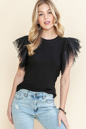 Tulle Mesh Ruffle Sleeve Ribbed Top in Black & Pink