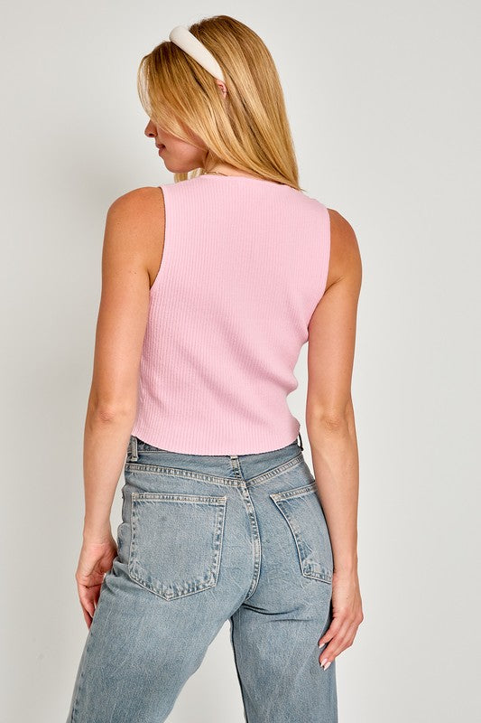 Marisol Bow Detail Sleeveless Knit Top in Black, Cream, Light Pink, & Red