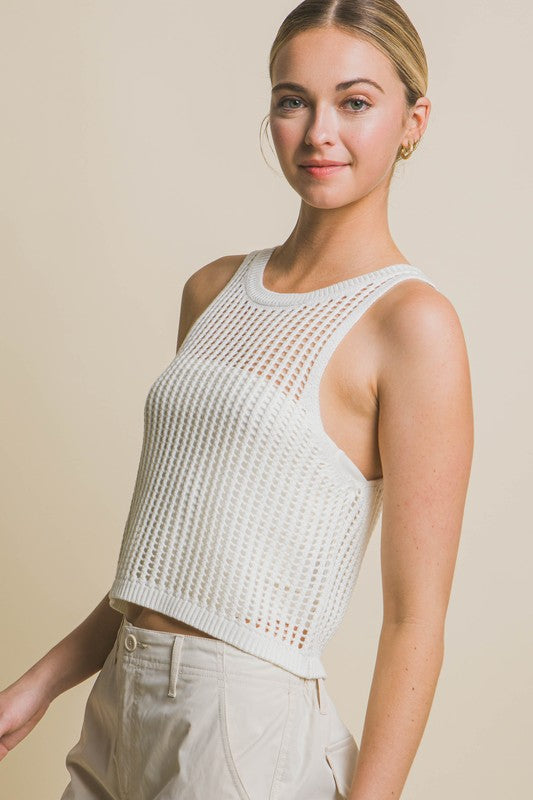 Cassidy Sleeveless Open Knit Crop Top in White, Black, & Beige