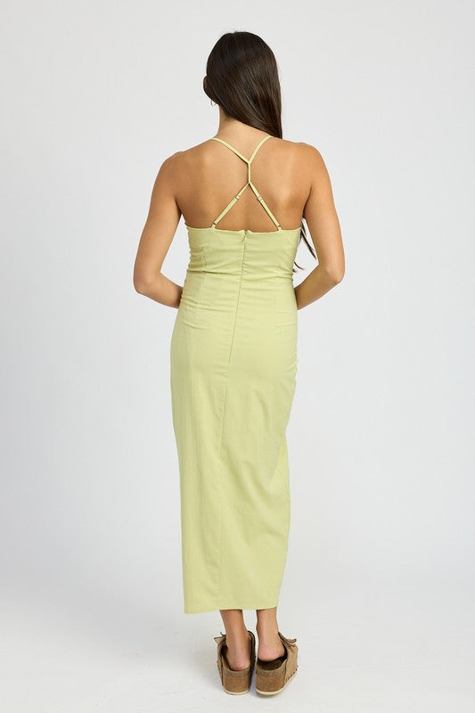 Brixley Ruched Side Slit Satin Maxi Dress in Sage & White