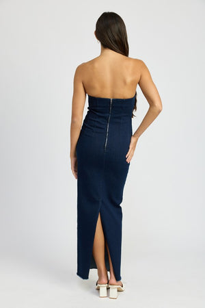 Midnight Hour Bodycon Tube Denim Maxi Dress