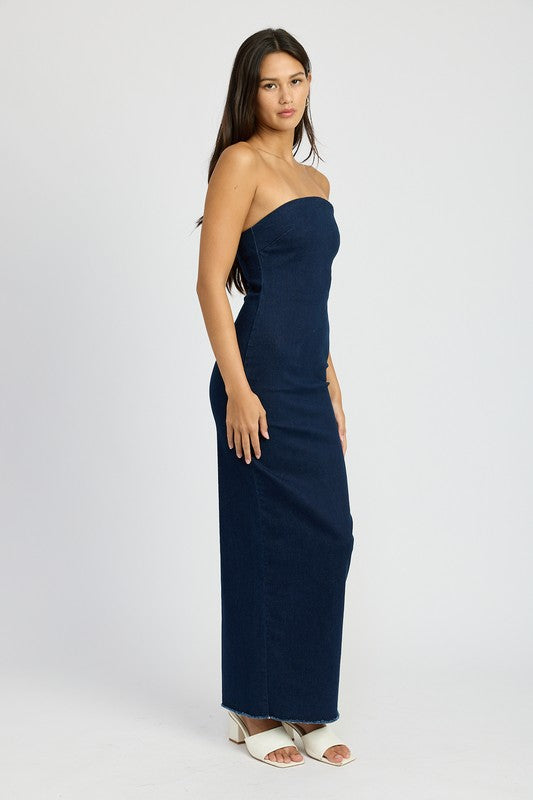 Midnight Hour Bodycon Tube Denim Maxi Dress