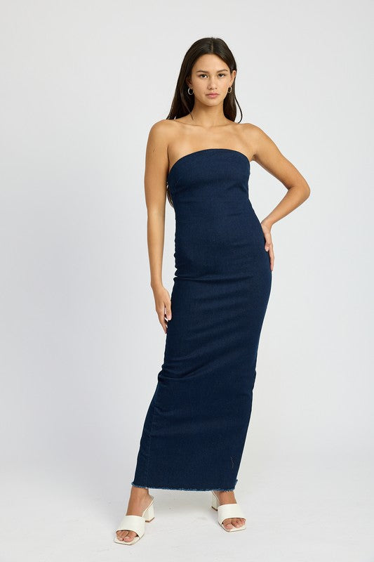 Midnight Hour Bodycon Tube Denim Maxi Dress