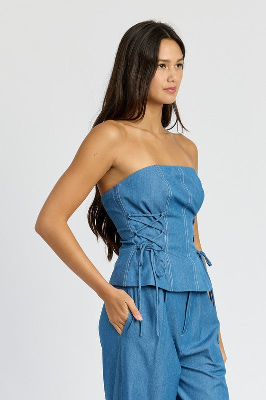 Kanani Strapless Top with Lace Up Detail in Medium Denim