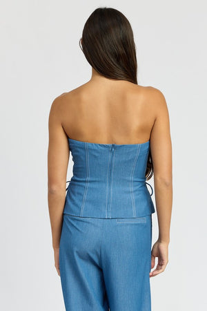 Kanani Strapless Top with Lace Up Detail in Medium Denim