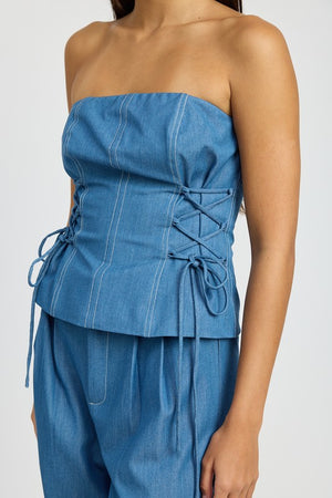 Kanani Strapless Top with Lace Up Detail in Medium Denim