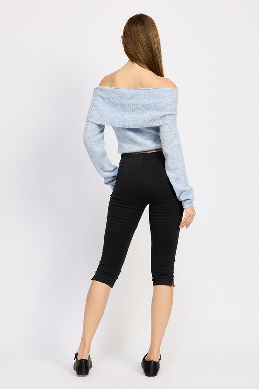 Lavanya Off Shoulder Cropped Knit Top in Light Blue & Natural