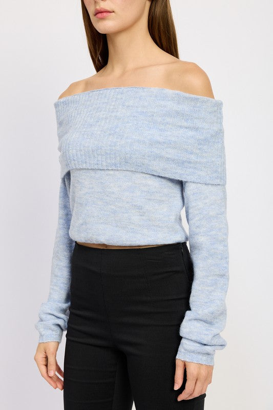 Lavanya Off Shoulder Cropped Knit Top in Light Blue & Natural