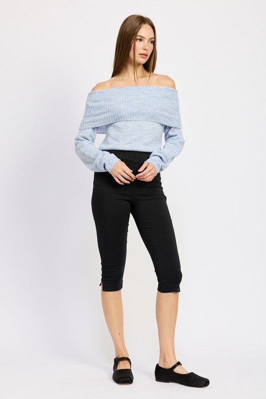 Lavanya Off Shoulder Cropped Knit Top in Light Blue & Natural