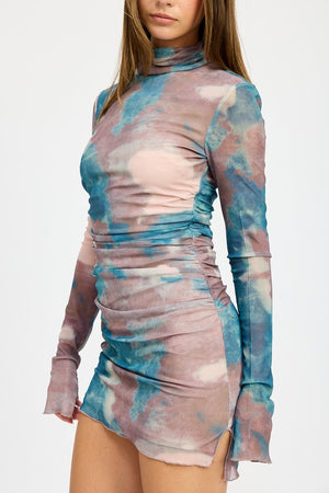 Watercolor Whispers Mesh Ruched Mini Dress