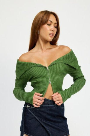 Zip It Bardot Off Shoulder Top in Black, Green, & Ivory