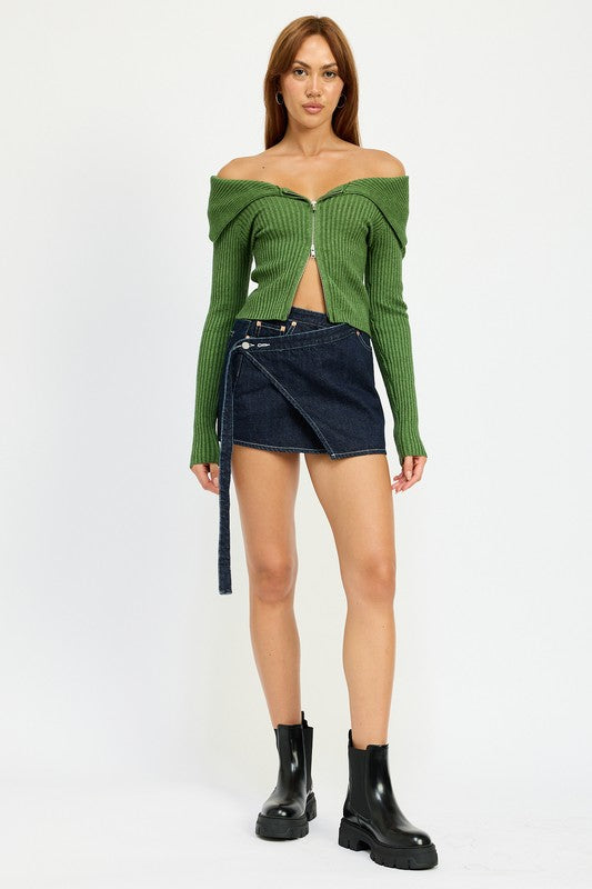 Zip It Bardot Off Shoulder Top in Black, Green, & Ivory