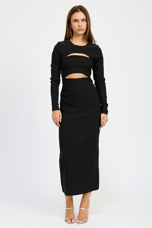 Giada Cut Out Long Sleeve Midi Dress in Black