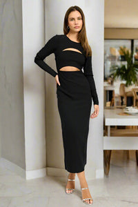 Giada Cut Out Long Sleeve Midi Dress in Black