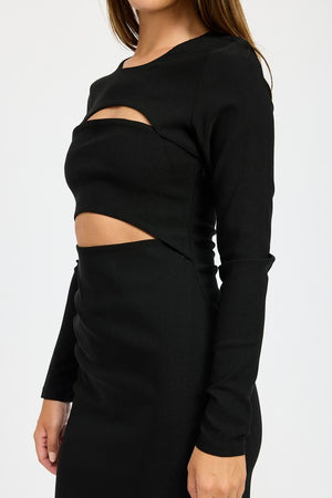 Giada Cut Out Long Sleeve Midi Dress in Black