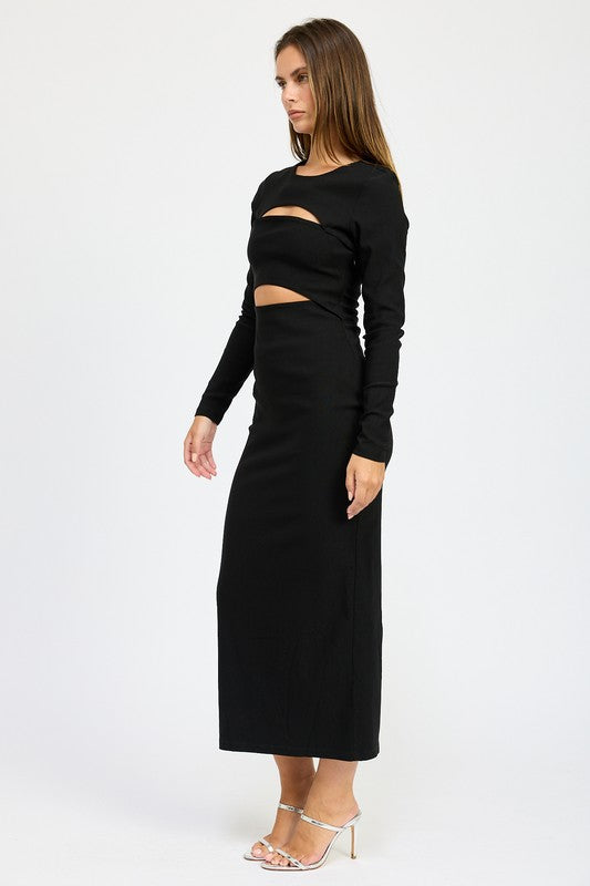 Giada Cut Out Long Sleeve Midi Dress in Black