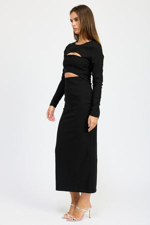 Giada Cut Out Long Sleeve Midi Dress in Black