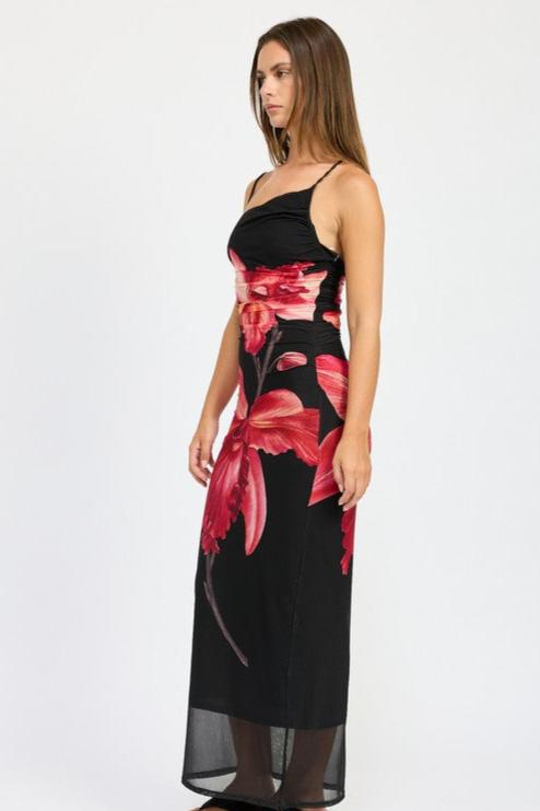 Hibiscus Bloom Asymmetrical Maxi Dress