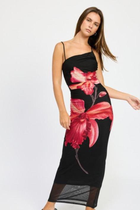 Hibiscus Bloom Asymmetrical Maxi Dress