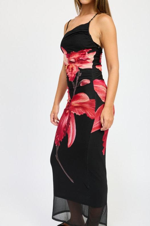 Hibiscus Bloom Asymmetrical Maxi Dress