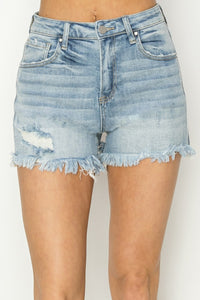 Laid Back Raw Hem Denim Shorts in Light Wash