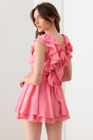 Hello Dolly Tie Back Ruffled Romper in Doll Pink