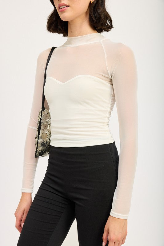 Sheer Drama Contrasting Ruched Top in Black & White