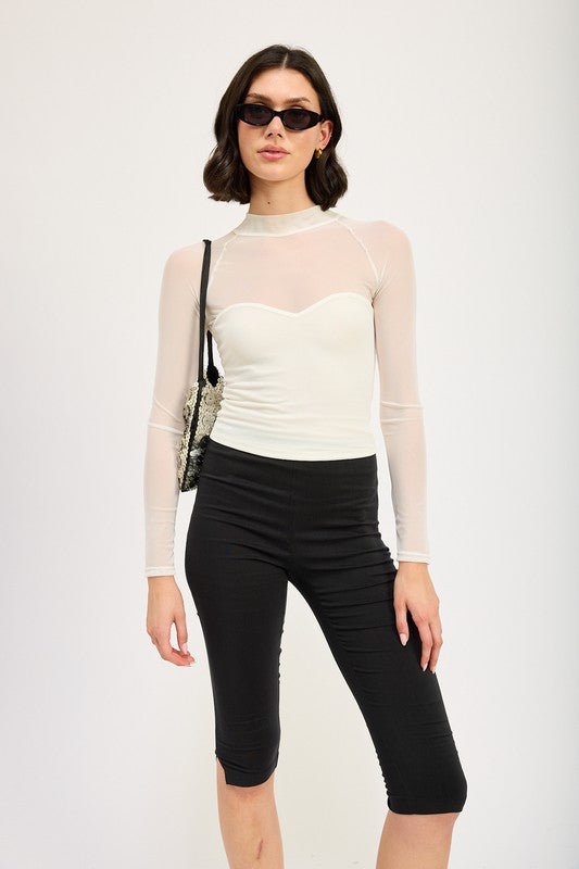 Sheer Drama Contrasting Ruched Top in Black & White