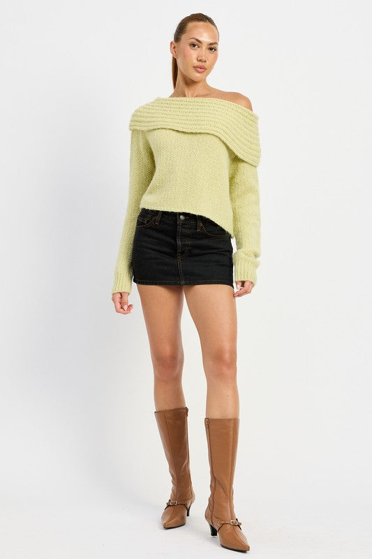 Foldover Elegance One Shoulder Sweater in Sage