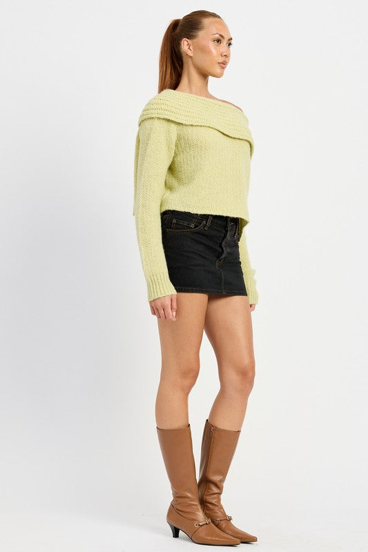 Foldover Elegance One Shoulder Sweater in Sage