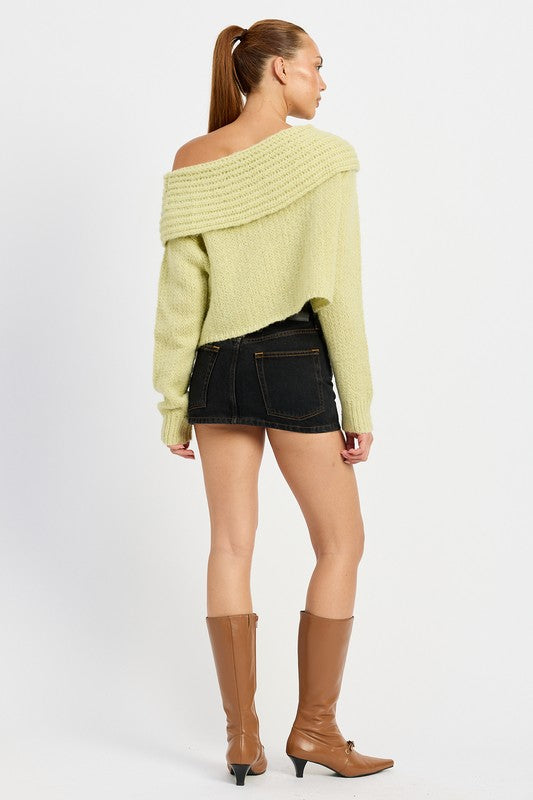 Foldover Elegance One Shoulder Sweater in Sage