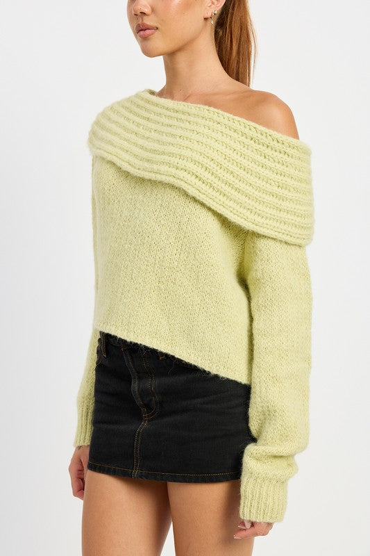 Foldover Elegance One Shoulder Sweater in Sage