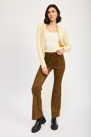 Retro Boho Lace Up Faux Suede Flare Pants in Brown