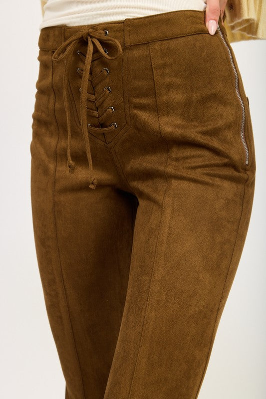 Retro Boho Lace Up Faux Suede Flare Pants in Brown