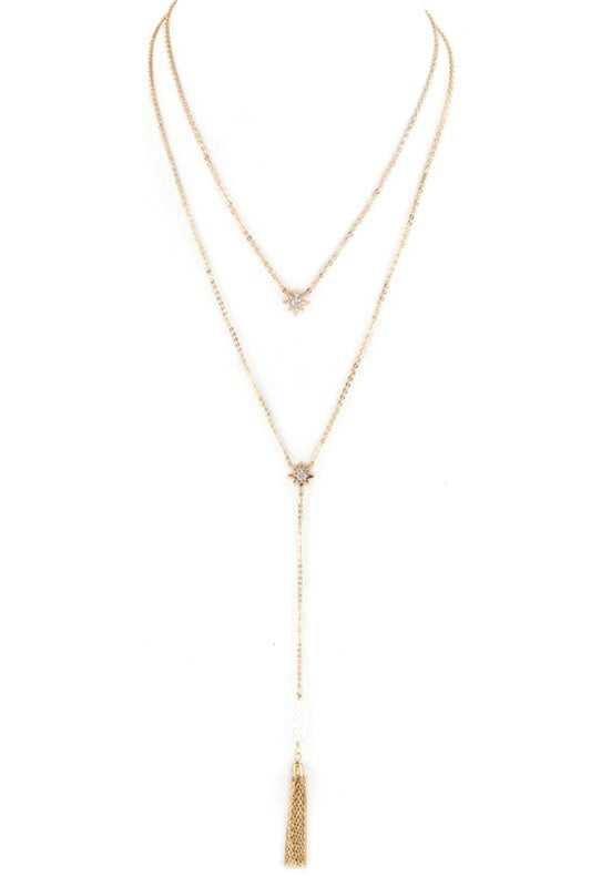 Wish Upon a Crystal Star & Tassel Drop Layer Necklace in Gold & Rhodium