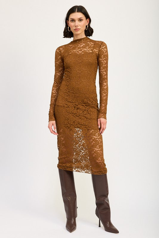 Timeless Grace Lace Midi Dress in Coffee