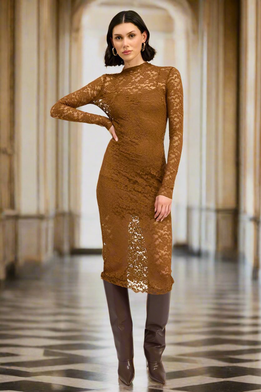 Timeless Grace Lace Midi Dress in Coffee