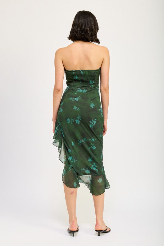 Forest Florals Asymmetrical Ruffle Strapless Midi Dress