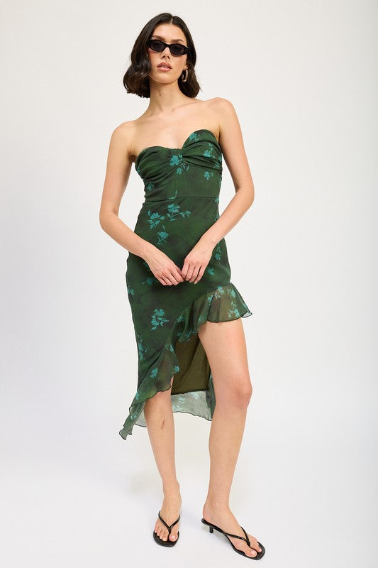 Forest Florals Asymmetrical Ruffle Strapless Midi Dress